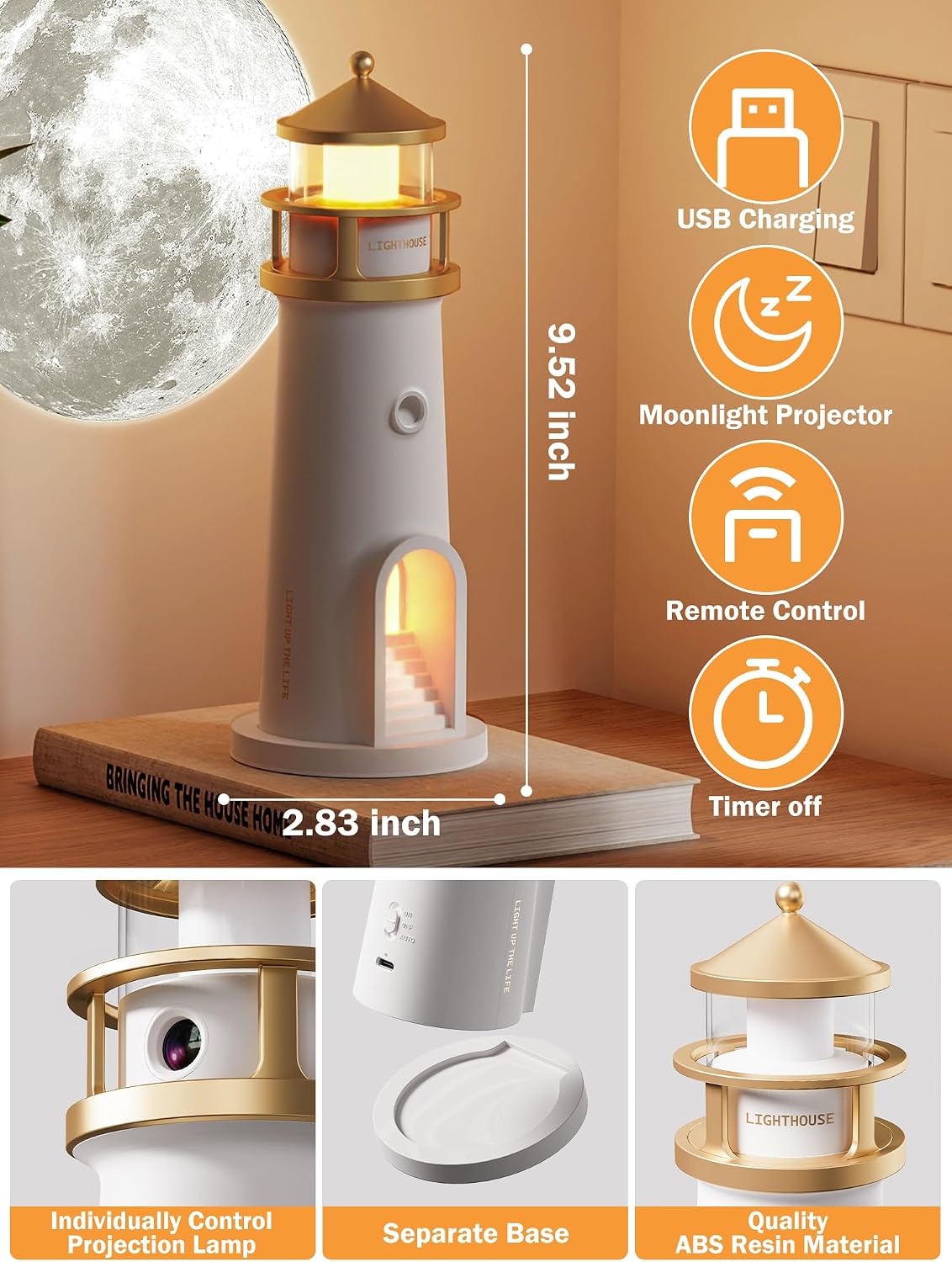 Moon Lighthouse Projector Night Light with Remote Control, Rechargeable LED Galaxy Projector Table Lamp, Moon Lamp for Kids, Bedroom, Nursery Decor, Perfect Christmas, Birthday Gift for Boys Girls